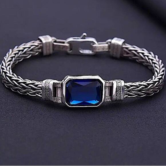 Sterling Silver Blue Zircon Braided Bracelet, Unisex, Handmade - Picture 11 of 15